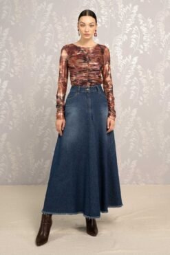 Raw Hem Cotton Long Denim Skirt