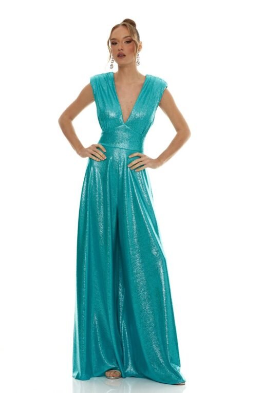 Elegant Wide Leg Jumpsuit in Metallic Jersey