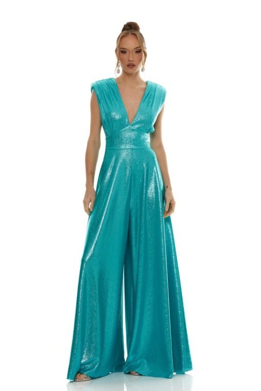 Elegant Wide Leg Jumpsuit in Metallic Jersey