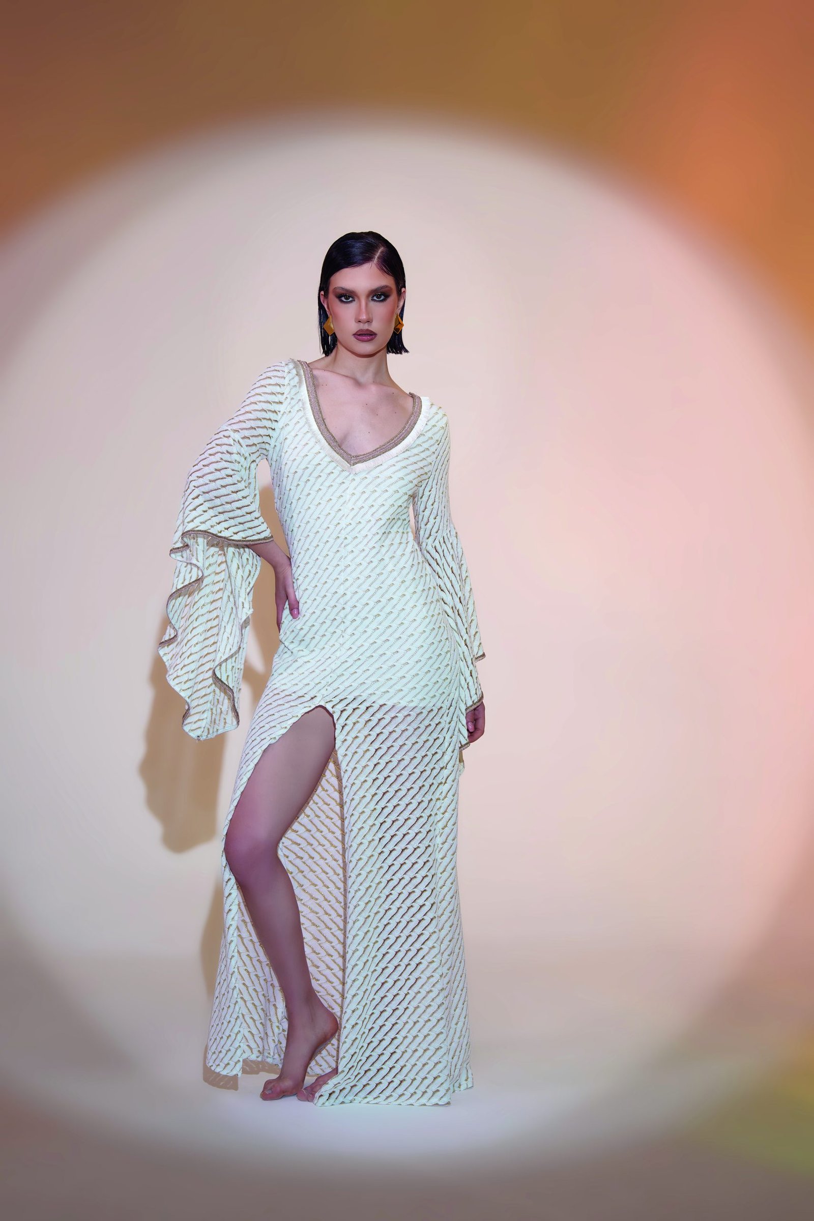 Knitted Ivory Ruffle-Sleeve Maxi Dress