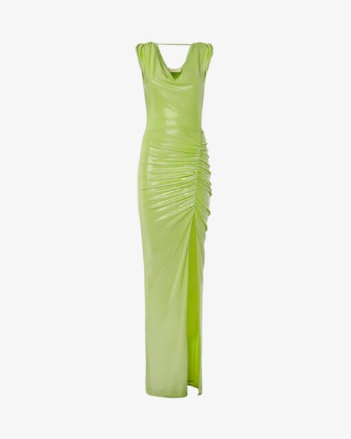 Long dress with Soft Neckline in Metallic Jersey