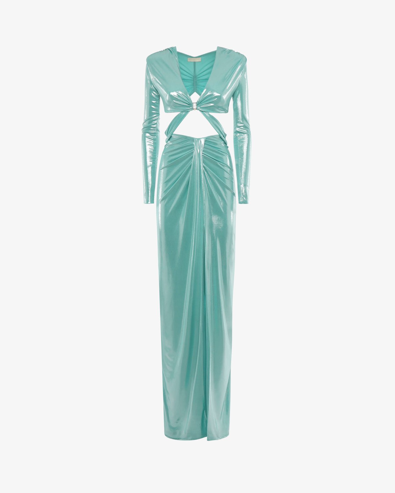 Long Dress with Deep Neckline and Cut-out in Metallic Aqua Jersey