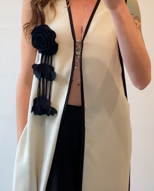 Ivory Long Vest With Flower Brooch Pin