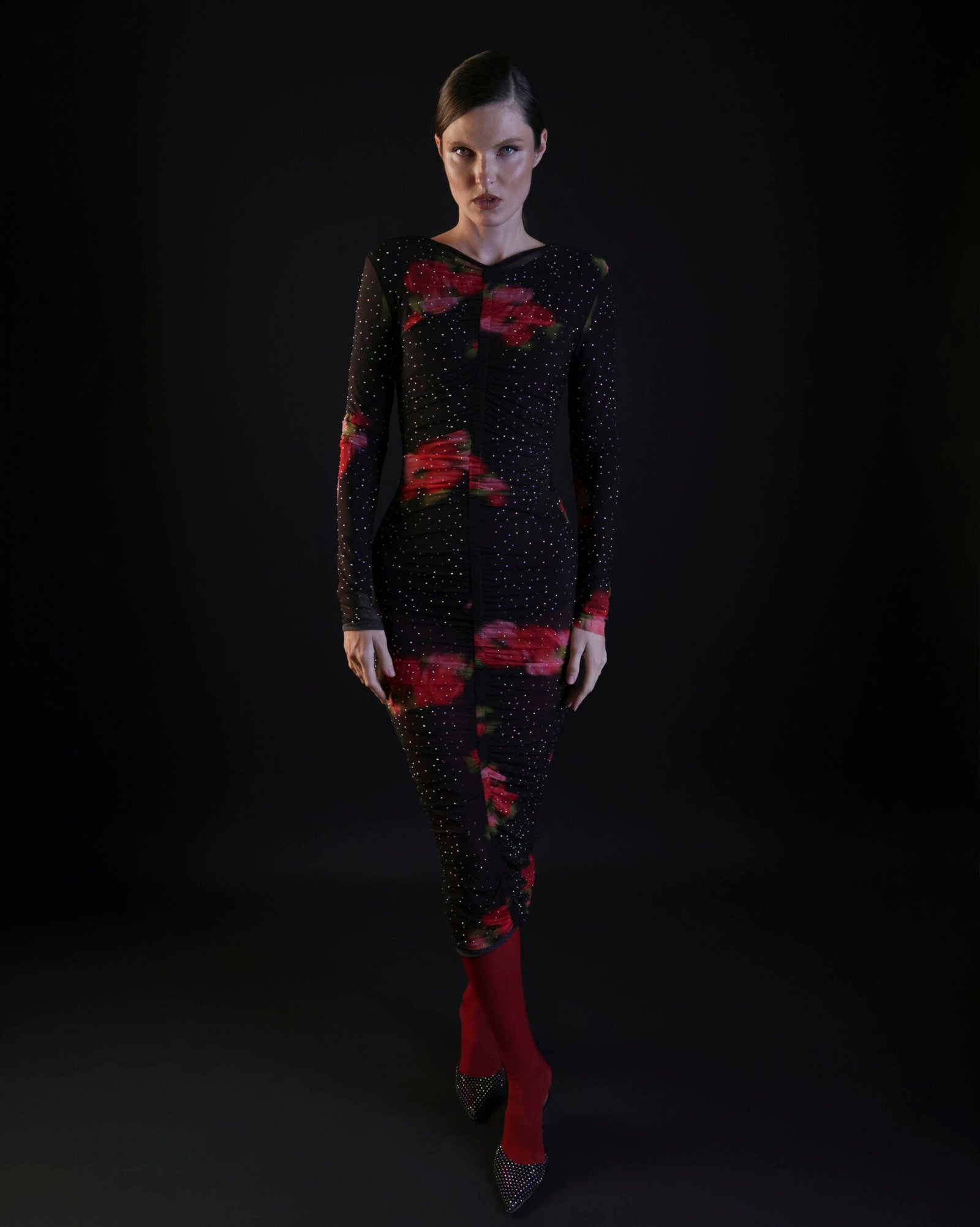 Achelte – Black Sheer Midi Dress with Embellishments Achelte – Black Sheer Midi Dress with Embellishments