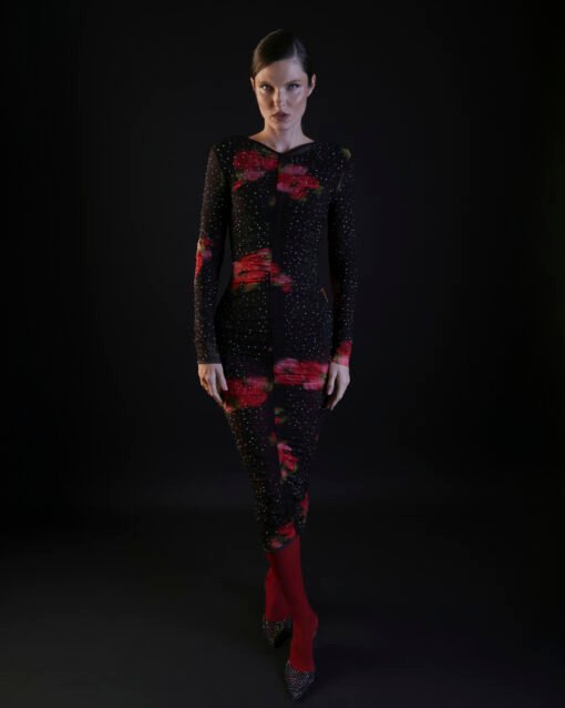Achelte – Black Sheer Midi Dress with Embellishments