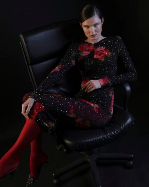 Achelte – Black Sheer Midi Dress with Embellishments