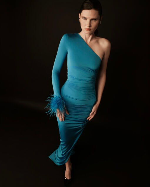 Acero – One-Shoulder Evening Dress with Feathers