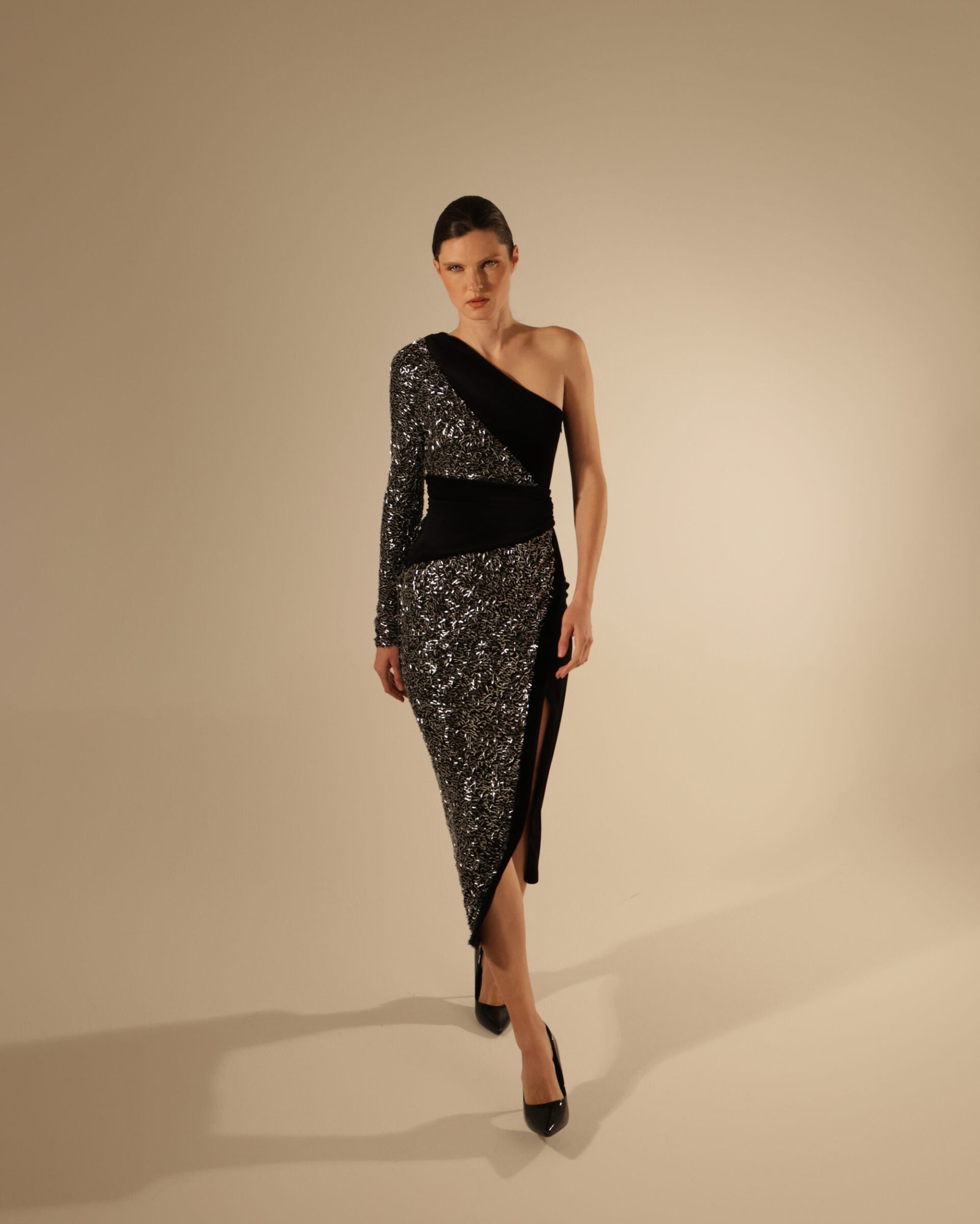 One-Shoulder Velvet Midi Dress in Sequins One-Shoulder Velvet Midi Dress in Sequins
