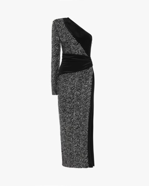 One-Shoulder Velvet Midi Dress in Sequins