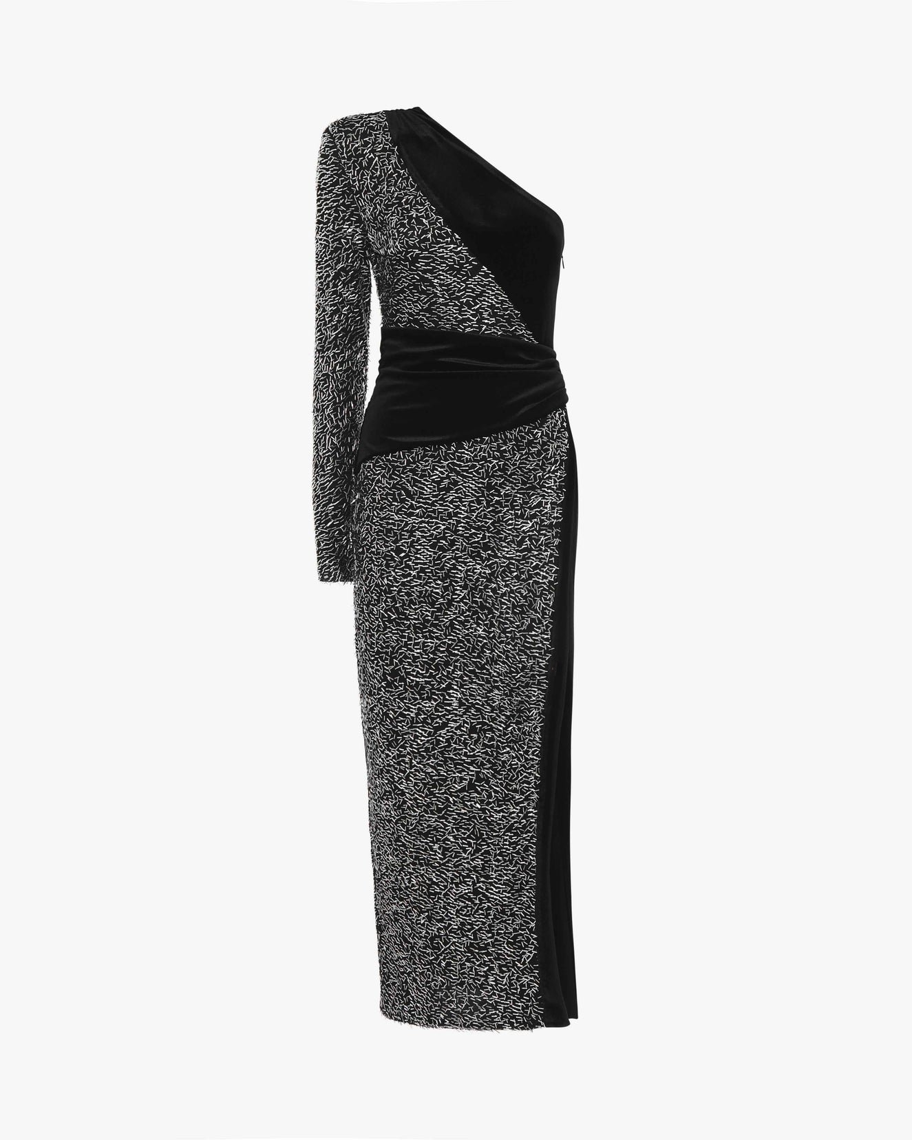 One-Shoulder Velvet Midi Dress in Sequins