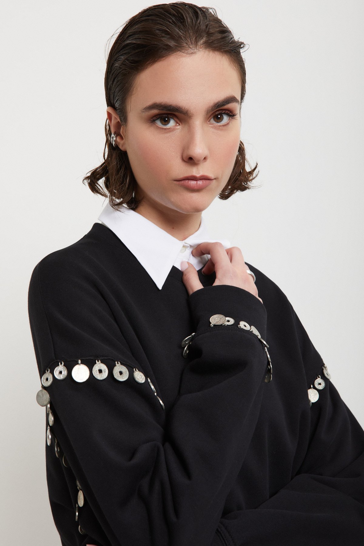 Pure cotton sweatshirt with sleeve embellishments Pure cotton sweatshirt with sleeve embellishments
